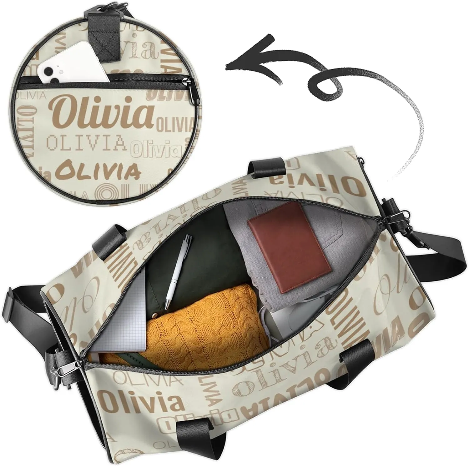 Personalized Duffel Bag with Name Custom Travel Sports Bag for Women Men Waterproof Round Dance Ballet Bag Lightweight 17.6in, Beige