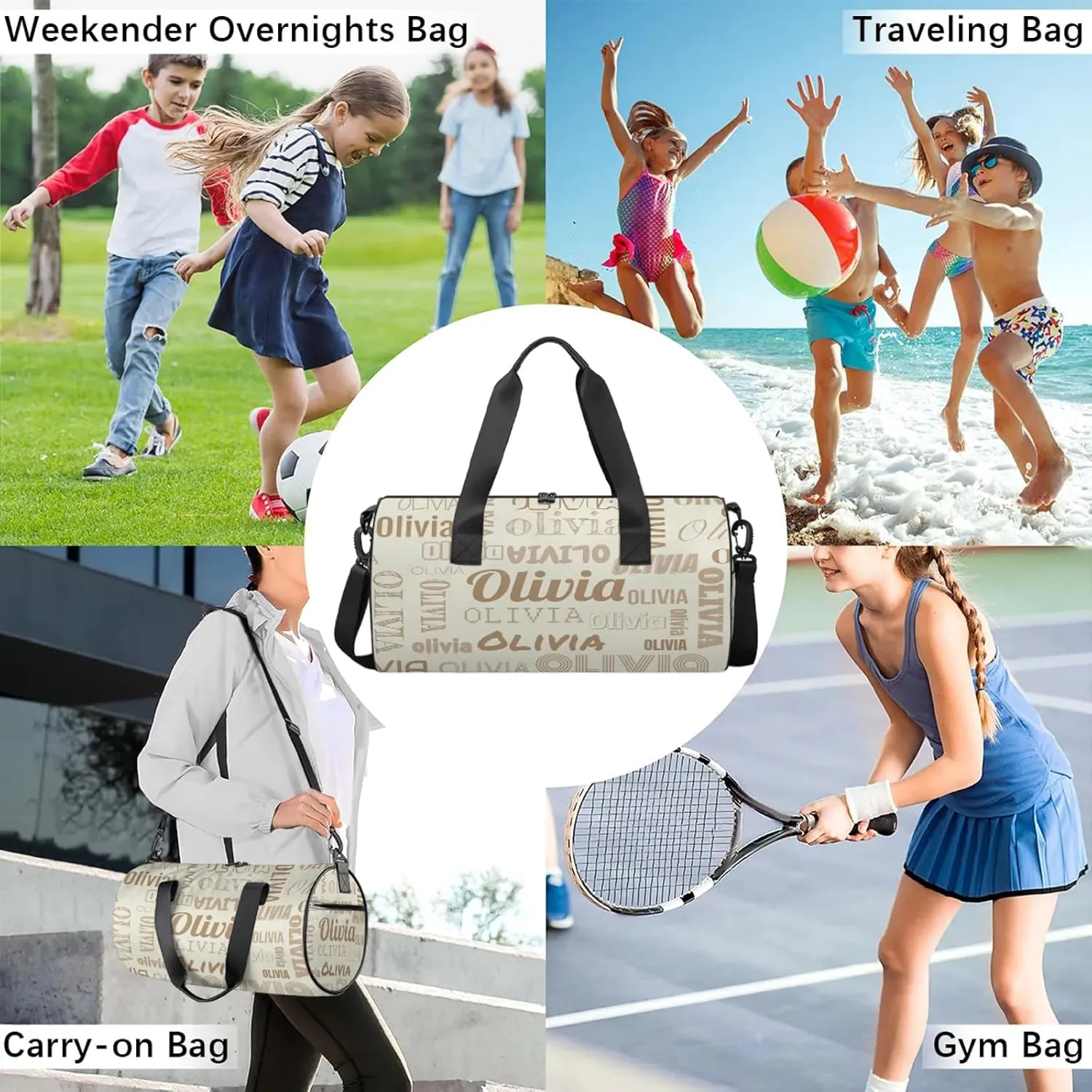 Personalized Duffel Bag with Name Custom Travel Sports Bag for Women Men Waterproof Round Dance Ballet Bag Lightweight 17.6in, Beige
