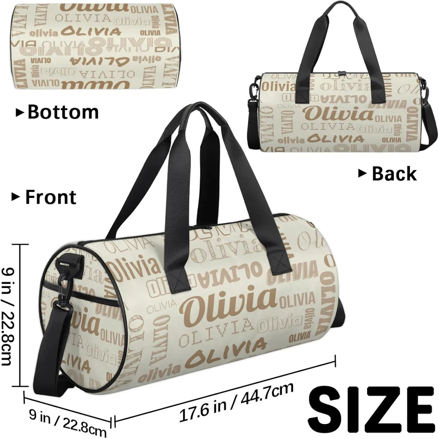 Personalized Duffel Bag with Name Custom Travel Sports Bag for Women Men Waterproof Round Dance Ballet Bag Lightweight 17.6in, Beige