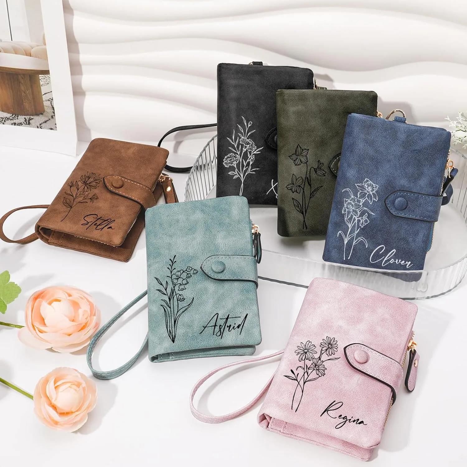 Personalized Gifts for Women: Custom Birth Flower & Name Wallet, Small Leather Ladies Wallet with Zipper Coin Purse for Teen Girls - Perfect for Mother's Day, Birthday, Wedding Gift