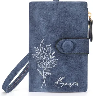 Personalized Gifts for Women: Custom Birth Flower & Name Wallet, Small Leather Ladies Wallet with Zipper Coin Purse for Teen Girls - Perfect for Mother's Day, Birthday, Wedding Gift