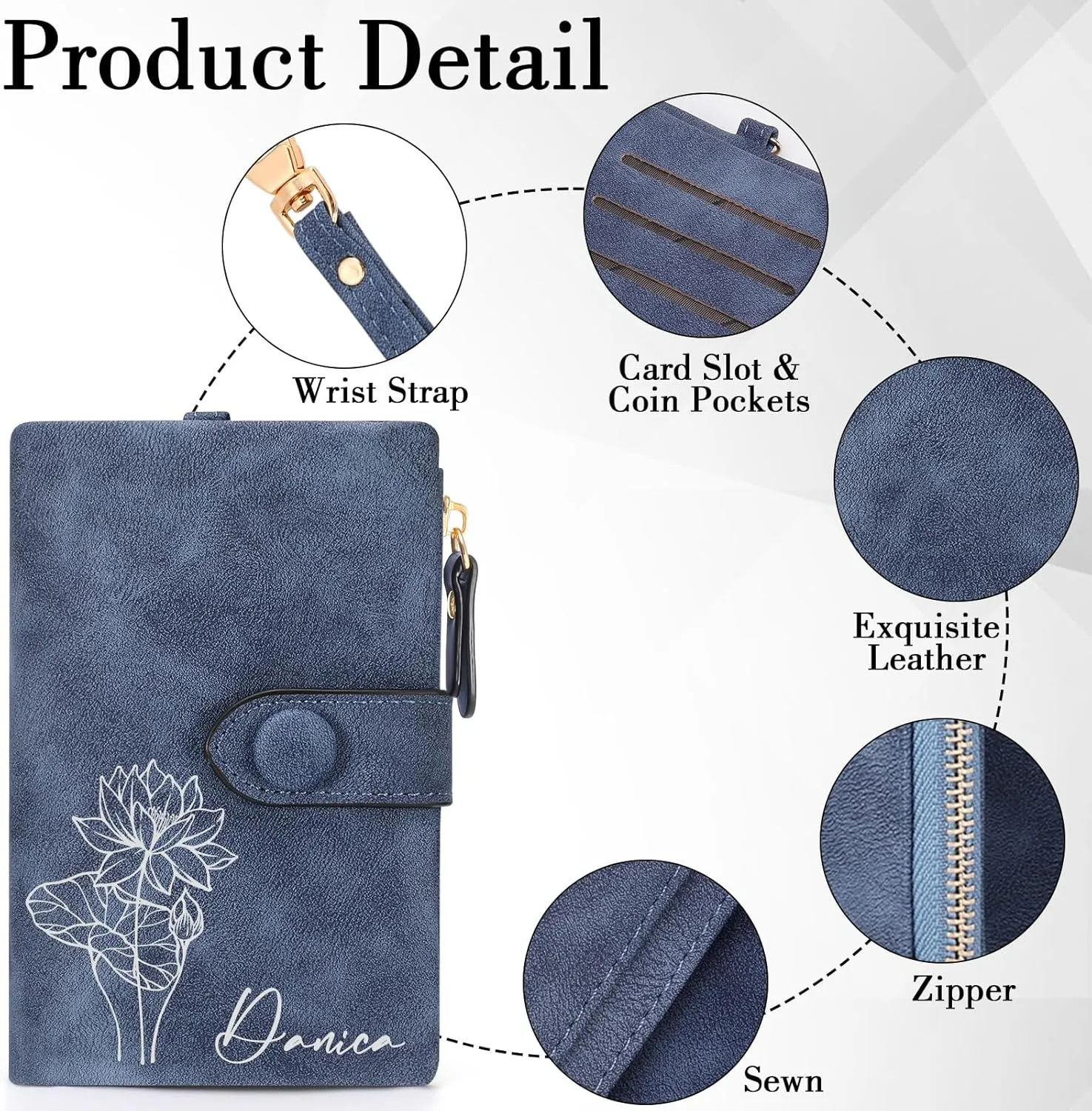 Personalized Gifts for Women: Custom Birth Flower & Name Wallet, Small Leather Ladies Wallet with Zipper Coin Purse for Teen Girls - Perfect for Mother's Day, Birthday, Wedding Gift