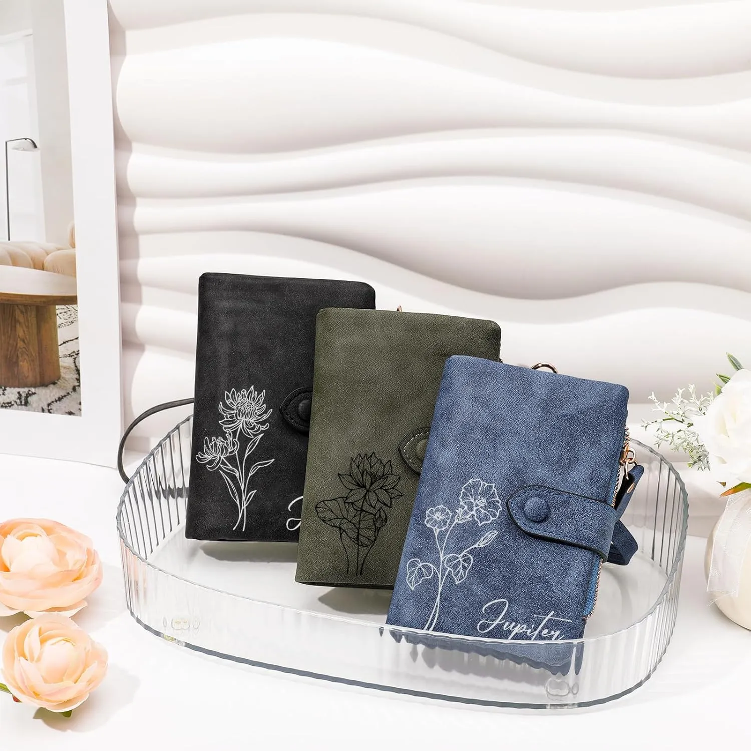 Personalized Gifts for Women: Custom Birth Flower & Name Wallet, Small Leather Ladies Wallet with Zipper Coin Purse for Teen Girls - Perfect for Mother's Day, Birthday, Wedding Gift