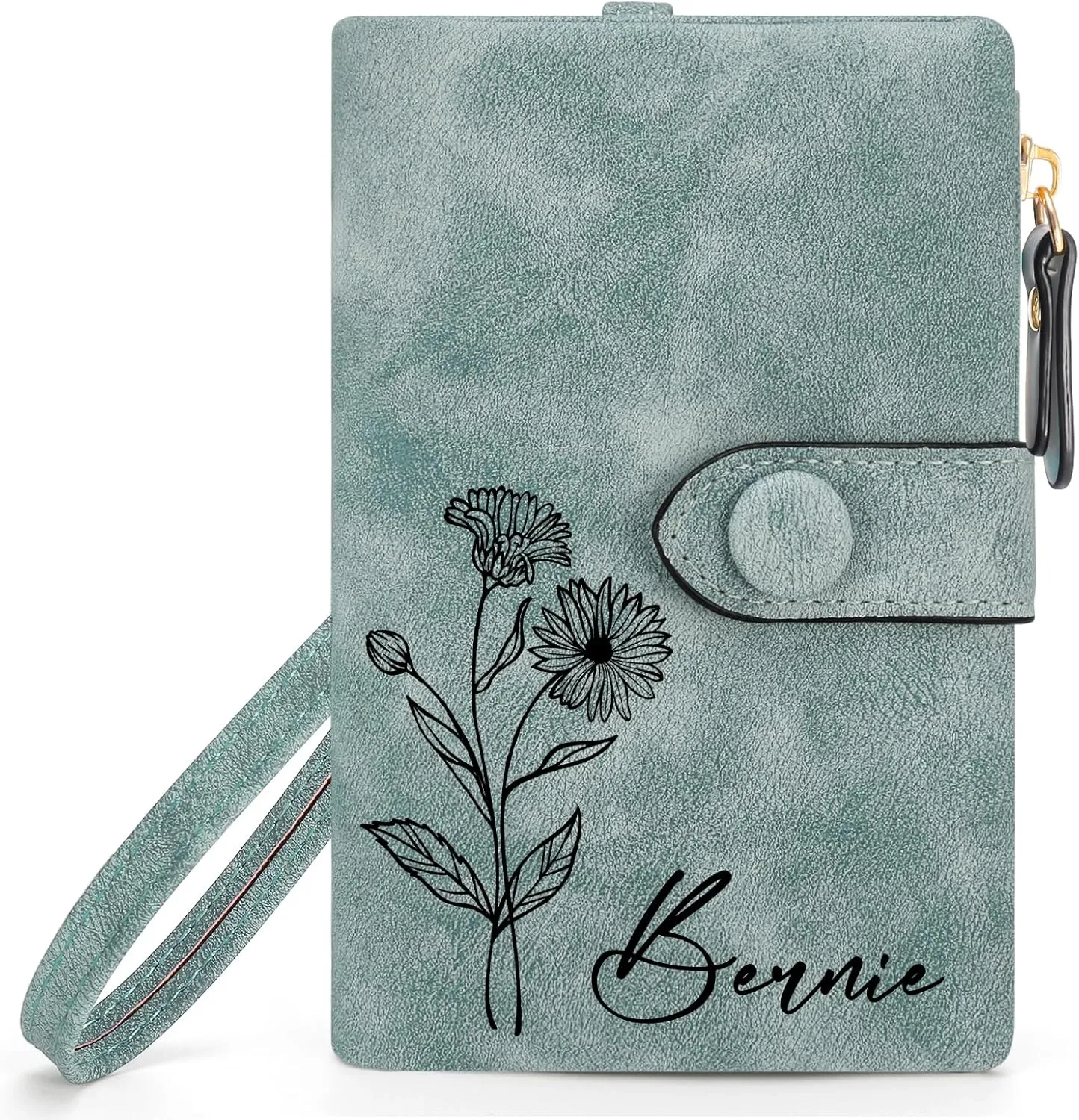 Personalized Gifts for Women,Custom Birth Flower&Name Wallet Women,Small Leather Ladies Wallet,Zipper Coin Purse for Teen Girls,Customized Gift for Birthday Mothers Day Christmas?Green?