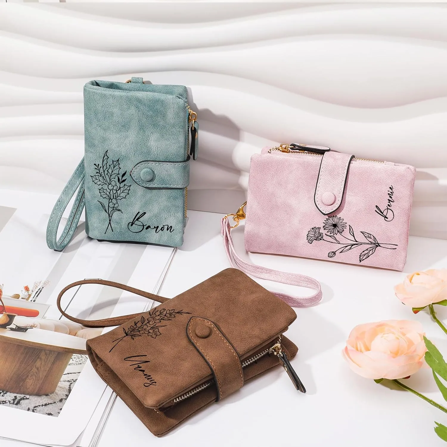 Personalized Gifts for Women,Custom Birth Flower&Name Wallet Women,Small Leather Ladies Wallet,Zipper Coin Purse for Teen Girls,Customized Gift for Birthday Mothers Day Christmas?Green?