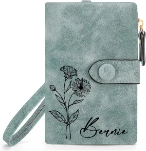 Personalized Gifts for Women,Custom Birth Flower&Name Wallet Women,Small Leather Ladies Wallet,Zipper Coin Purse for Teen Girls,Customized Gift for Birthday Mothers Day Christmas?Green?