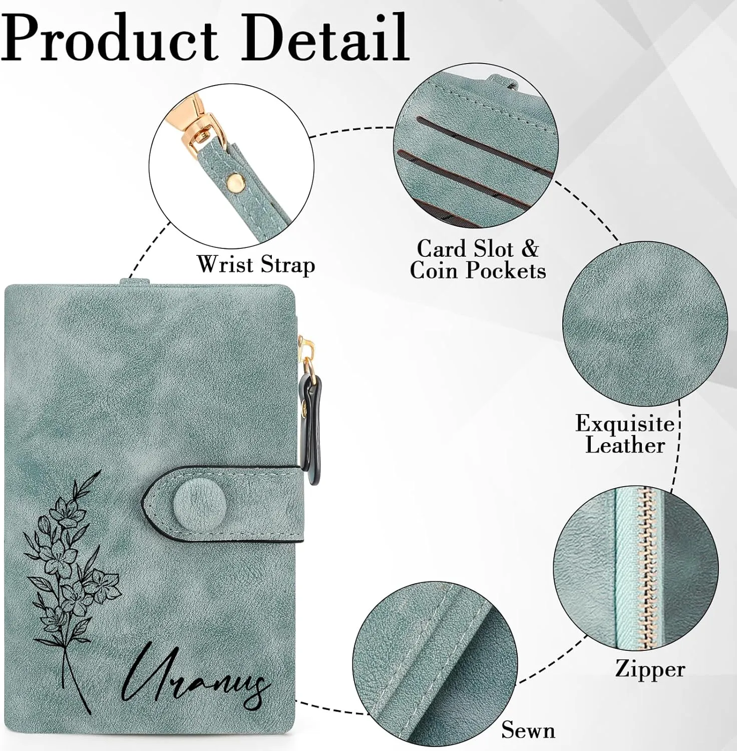 Personalized Gifts for Women,Custom Birth Flower&Name Wallet Women,Small Leather Ladies Wallet,Zipper Coin Purse for Teen Girls,Customized Gift for Birthday Mothers Day Christmas?Green?
