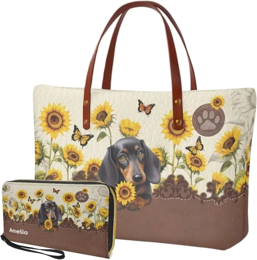 Personalized Handbag with Leather Wallet Set for Women, Custom Name Purse Set Large Top Handle Purse with Wallet