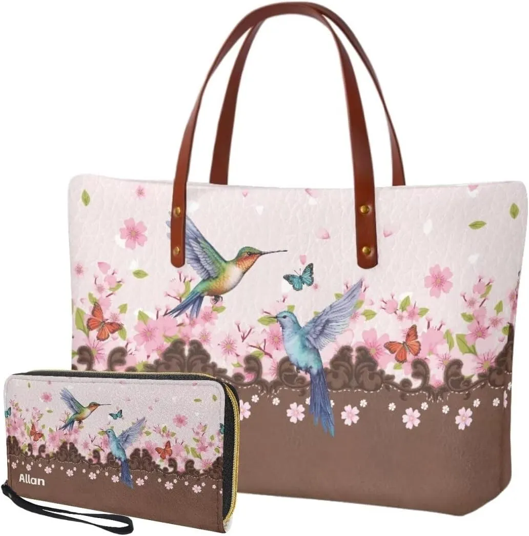 Personalized Handbag with Leather Wallet Set for Women, Custom Name Purse Set Large Top Handle Purse with Wallet