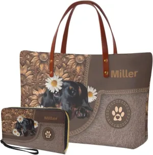 Personalized Handbag with Leather Wallet Set for Women, Custom Name Purse Set Large Top Handle Purse with Wallet