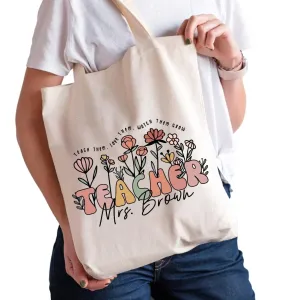 Personalized Large Teacher Tote Bag, Custom Gift for Teacher, Customized Wild Flower Tote Bag Gift for Teacher, Thank You Gift for Teacher, Student Teacher Gift, Teacher Appreciation Gift