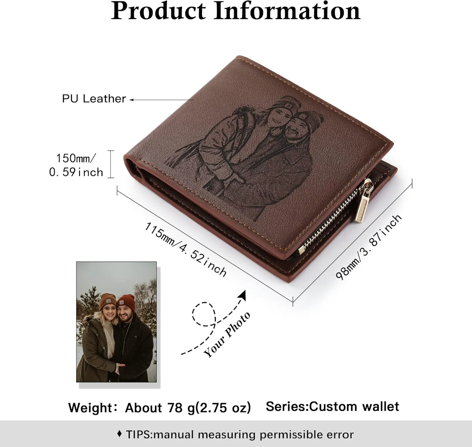 Personalized Photo & Name Initials Wallet for Men, Customized Gifts for Husband BF Dad Son Family Groomsmen Friend, Birthday Anniversary Father's Day Christmas Gifts