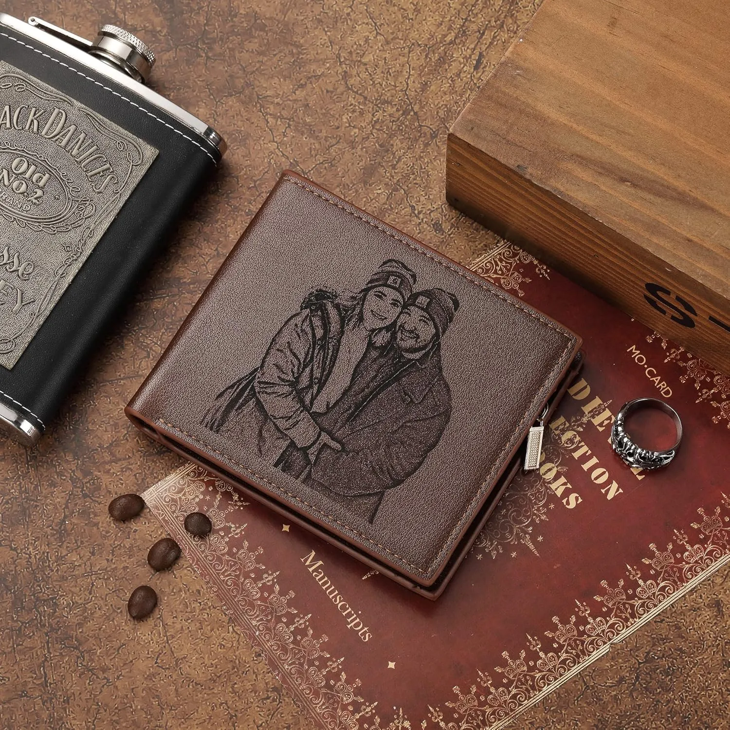 Personalized Photo & Name Initials Wallet for Men, Customized Gifts for Husband BF Dad Son Family Groomsmen Friend, Birthday Anniversary Father's Day Christmas Gifts