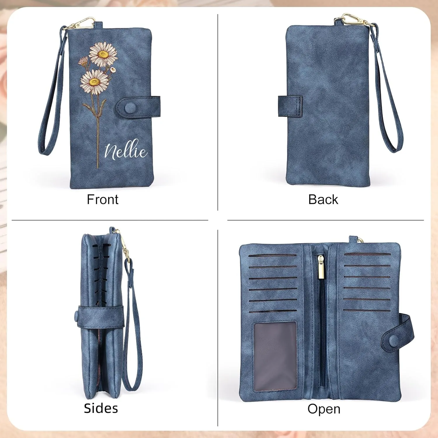 Personalized Wallet for Women, Custom Birth Flower & Name Detachable Leather Wristlet, Stylish Card Holder Purse with Zipper Large Capacity Wallet Mother's Day Gifts for Mom (Sapphire)