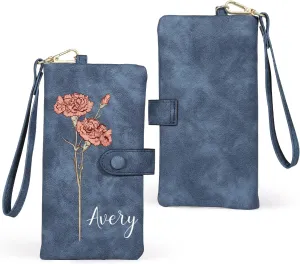 Personalized Wallet for Women, Custom Birth Flower & Name Detachable Leather Wristlet, Stylish Card Holder Purse with Zipper Large Capacity Wallet Mother's Day Gifts for Mom (Sapphire)