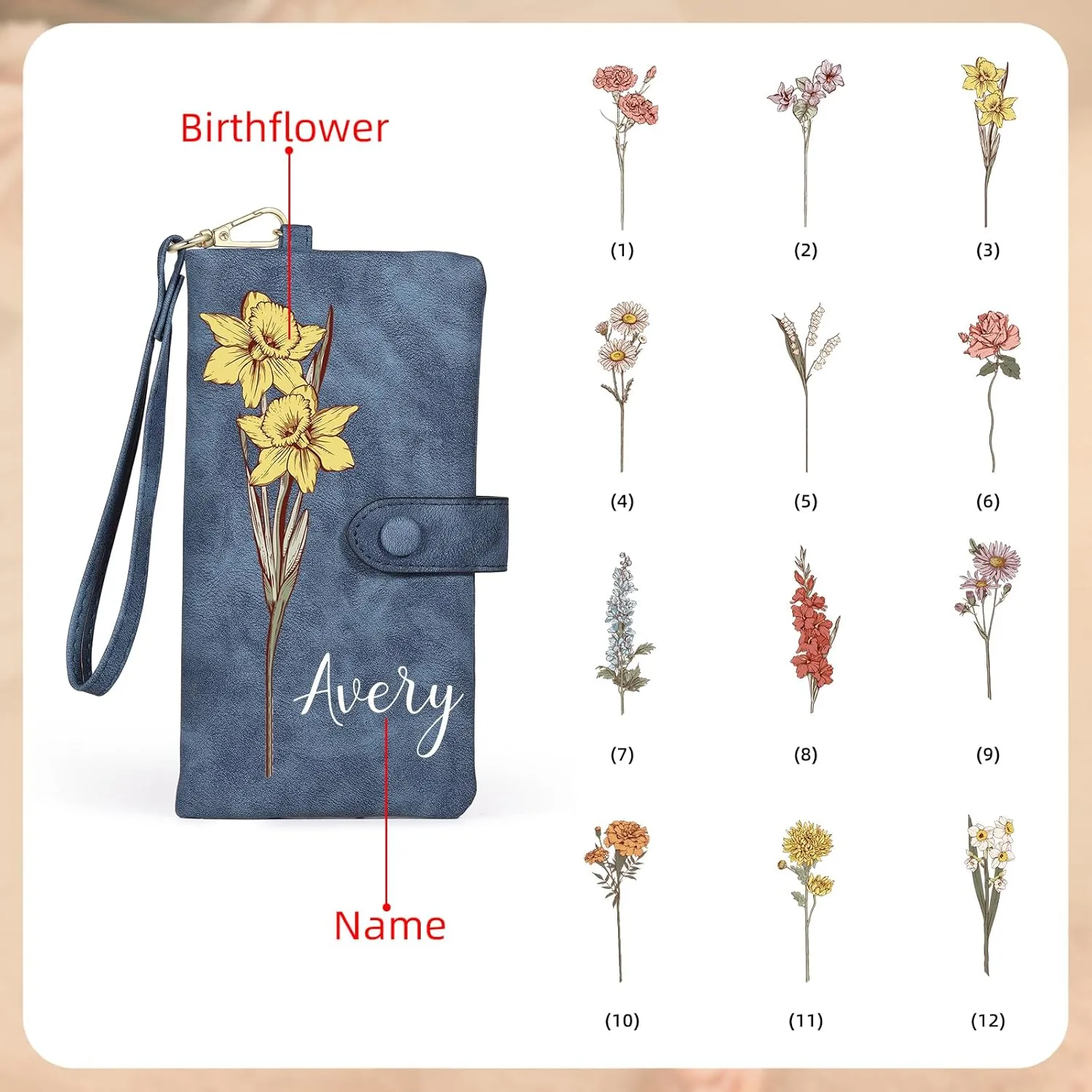 Personalized Wallet for Women, Custom Birth Flower & Name Detachable Leather Wristlet, Stylish Card Holder Purse with Zipper Large Capacity Wallet Mother's Day Gifts for Mom (Sapphire)