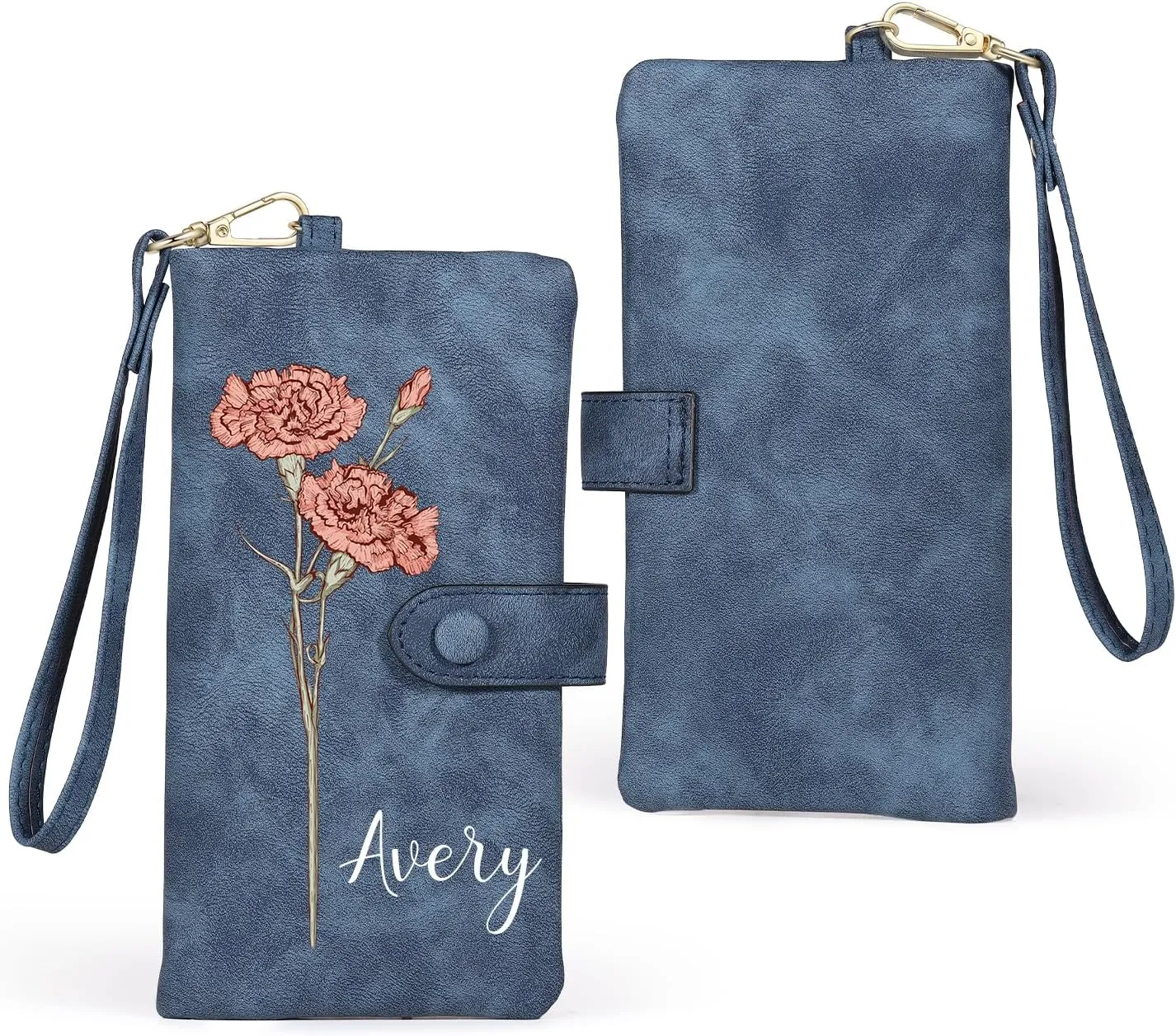 Personalized Wallet for Women, Custom Birth Flower & Name Detachable Leather Wristlet, Stylish Card Holder Purse with Zipper Large Capacity Wallet Mother's Day Gifts for Mom (Sapphire)