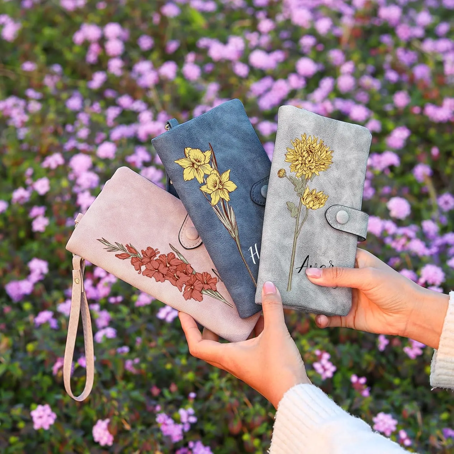 Personalized Wallet for Women, Custom Birth Flower & Name Detachable Leather Wristlet, Stylish Card Holder Purse with Zipper Large Capacity Wallet Mother's Day Gifts for Mom (Sapphire)