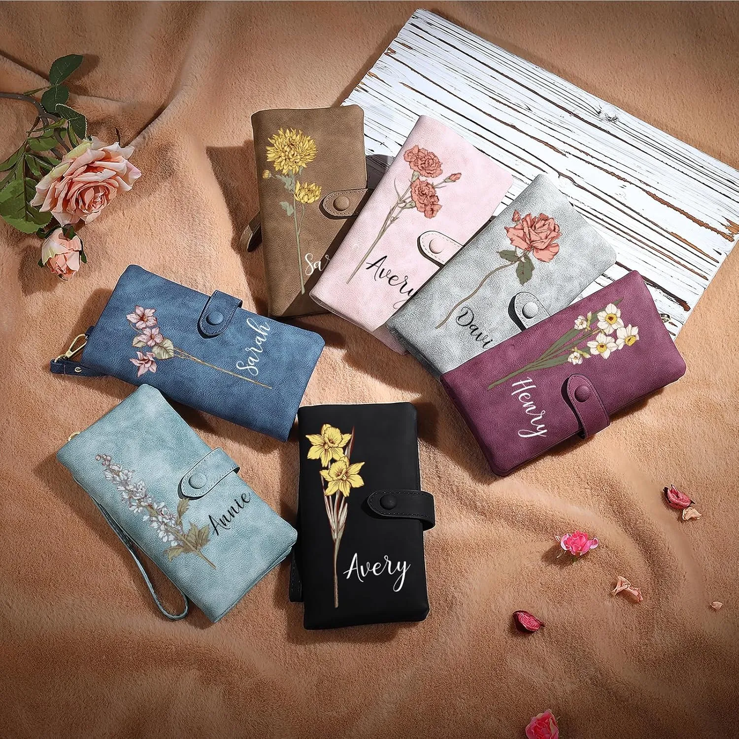 Personalized Wallet for Women, Custom Birth Flower & Name Detachable Leather Wristlet, Stylish Card Holder Purse with Zipper Large Capacity Wallet Mother's Day Gifts for Mom (Sapphire)