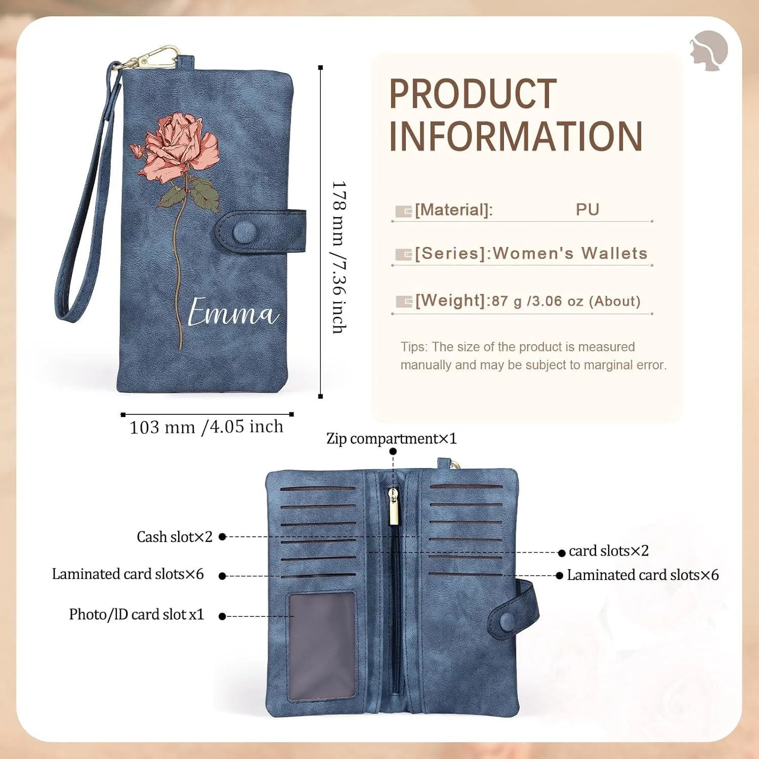 Personalized Wallet for Women, Custom Birth Flower & Name Detachable Leather Wristlet, Stylish Card Holder Purse with Zipper Large Capacity Wallet Mother's Day Gifts for Mom (Sapphire)