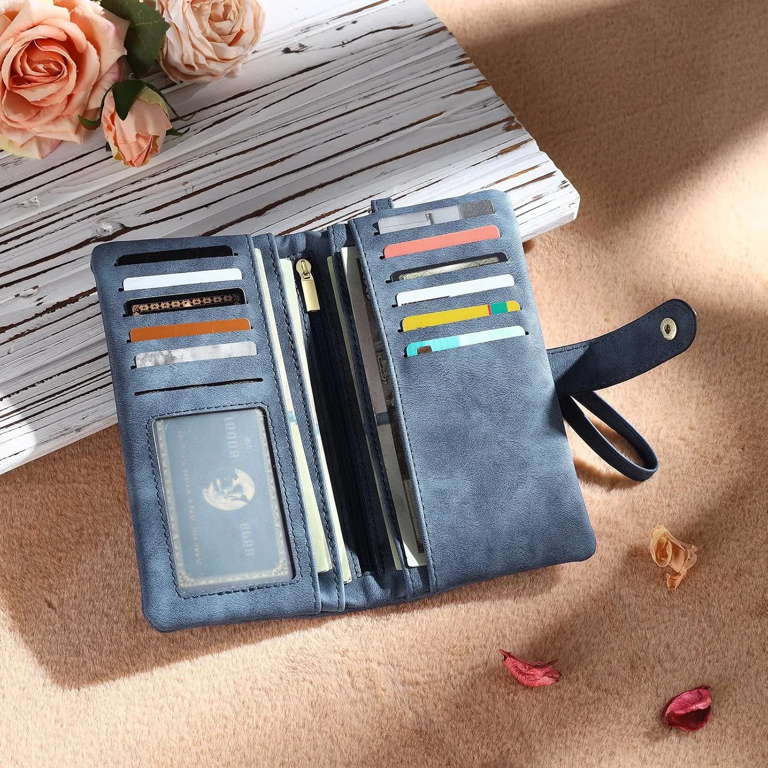 Personalized Wallet for Women, Custom Birth Flower & Name Detachable Leather Wristlet, Stylish Card Holder Purse with Zipper Large Capacity Wallet Mother's Day Gifts for Mom (Sapphire)