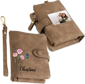 Personalized Wallet Women Small with Birth Flower and Name: Custom Bi-fold Women's Wallets - Ladies Minimalist Wallet for Women Teen Girls Gift (Brown, Birth Flower Name Photo)