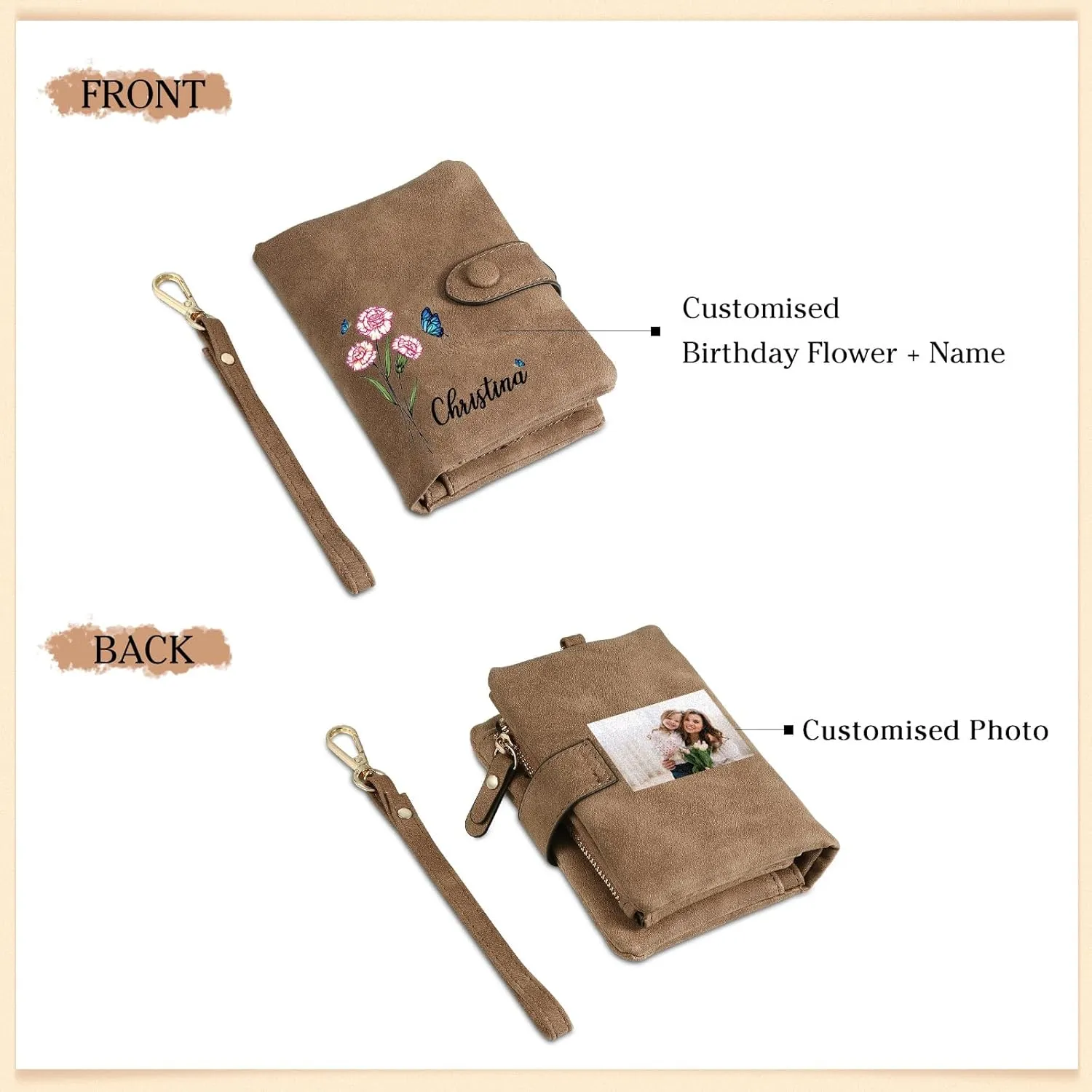 Personalized Wallet Women Small with Birth Flower and Name: Custom Bi-fold Women's Wallets - Ladies Minimalist Wallet for Women Teen Girls Gift (Brown, Birth Flower Name Photo)