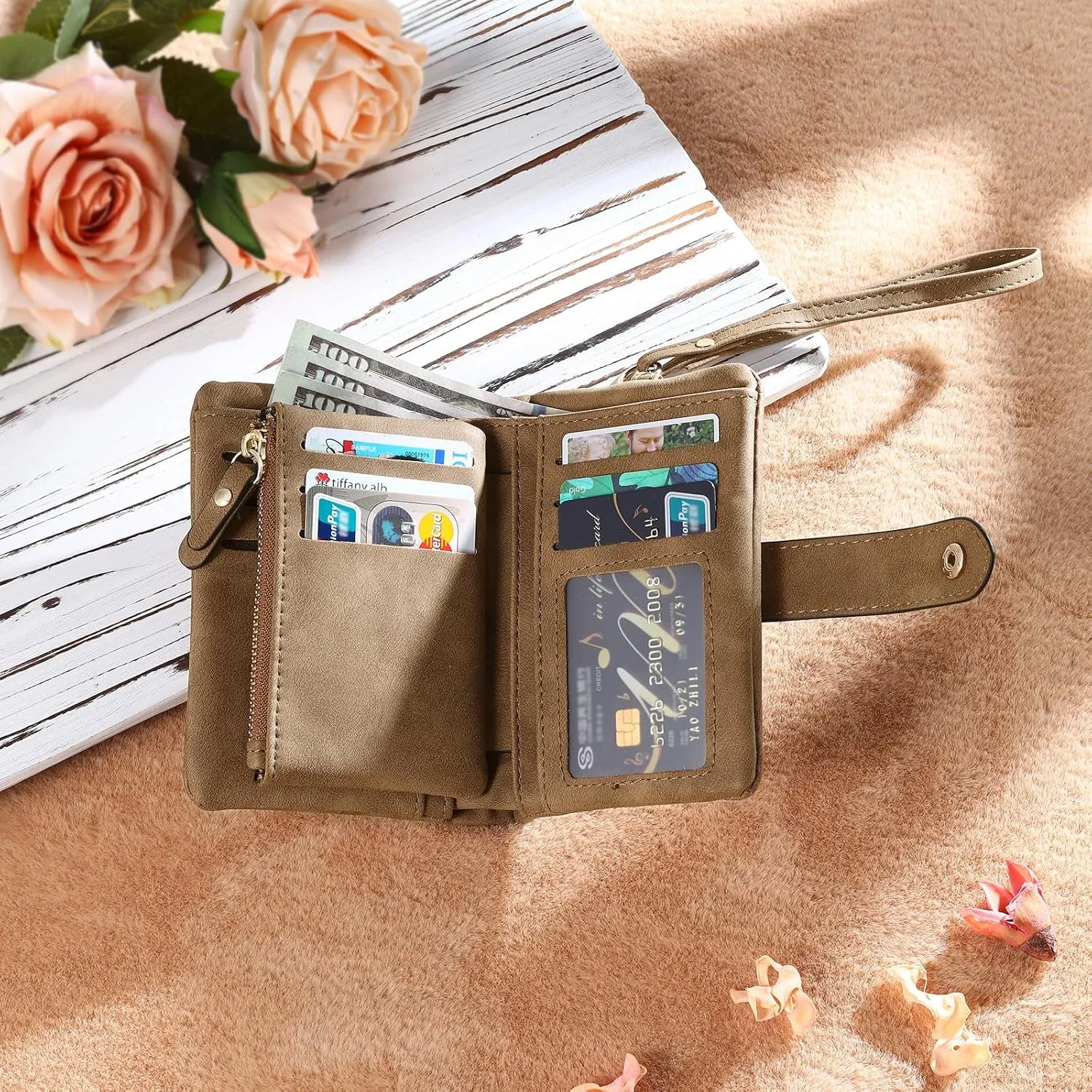 Personalized Wallet Women Small with Birth Flower and Name: Custom Bi-fold Women's Wallets - Ladies Minimalist Wallet for Women Teen Girls Gift (Brown, Birth Flower Name Photo)