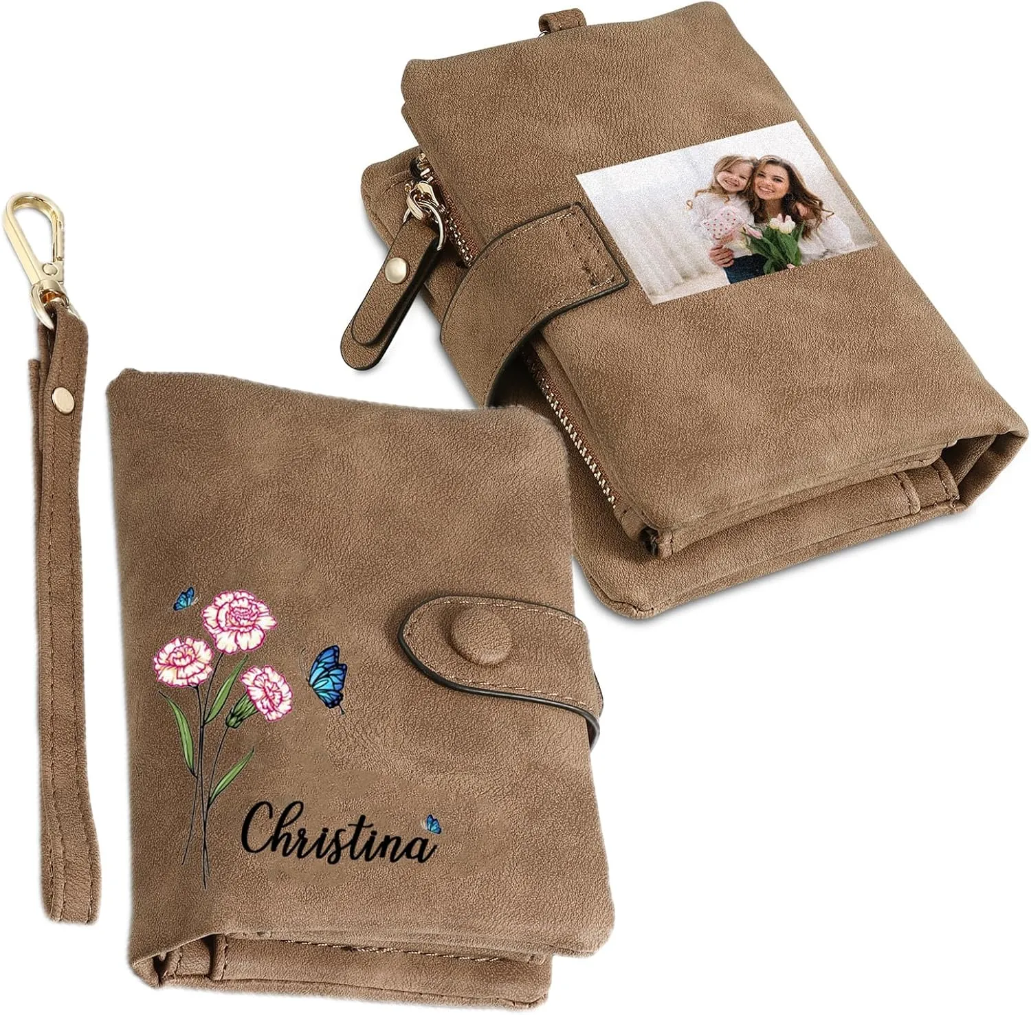 Personalized Wallet Women Small with Birth Flower and Name: Custom Bi-fold Women's Wallets - Ladies Minimalist Wallet for Women Teen Girls Gift (Brown, Birth Flower Name Photo)