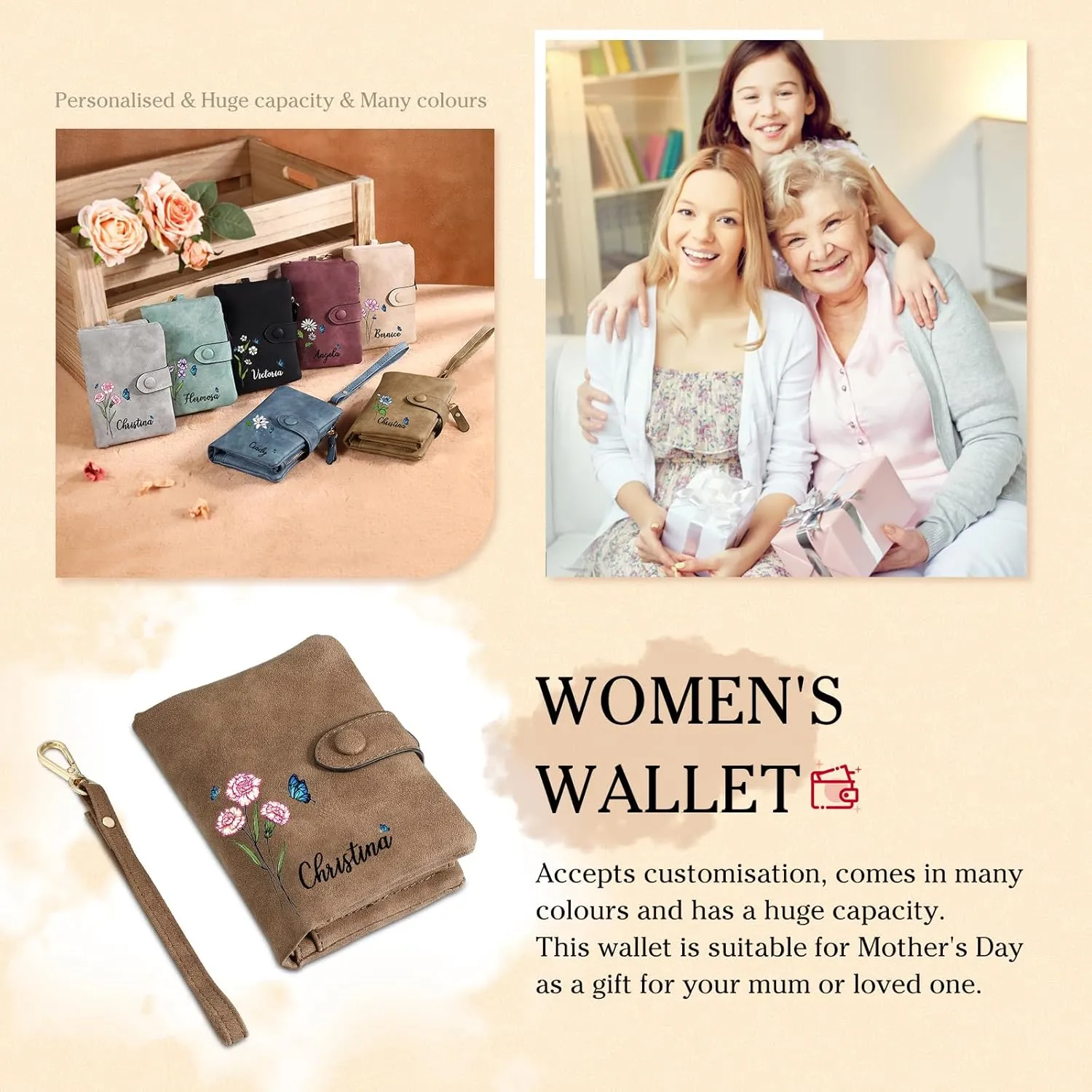Personalized Wallet Women Small with Birth Flower and Name: Custom Bi-fold Women's Wallets - Ladies Minimalist Wallet for Women Teen Girls Gift (Brown, Birth Flower Name Photo)