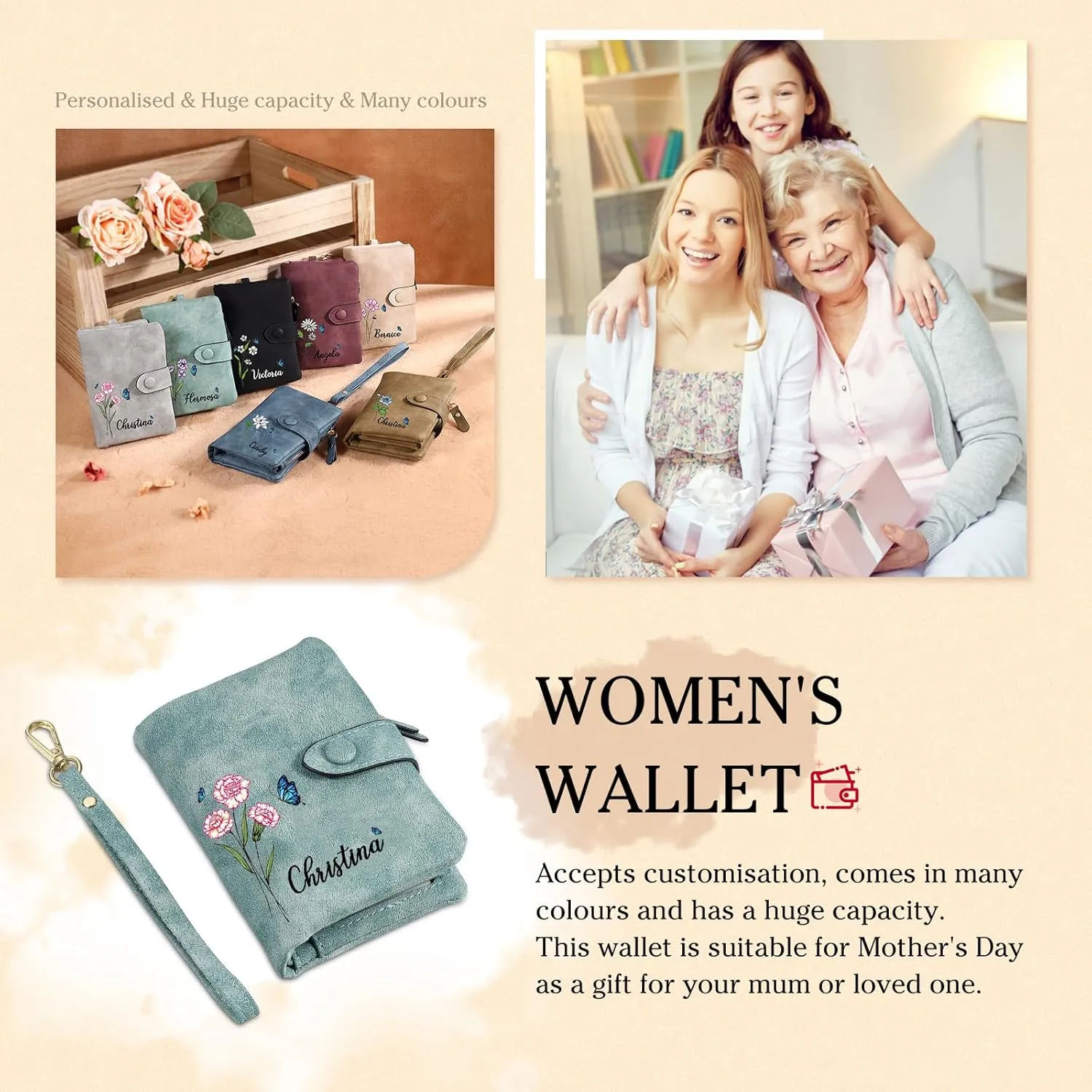 Personalized Wallet Women Small with Birth Flower and Name: Custom Bi-fold Women's Wallets - Ladies Minimalist Wallet for Women Teen Girls Gift (Cyan, Birth Flower Name Photo)