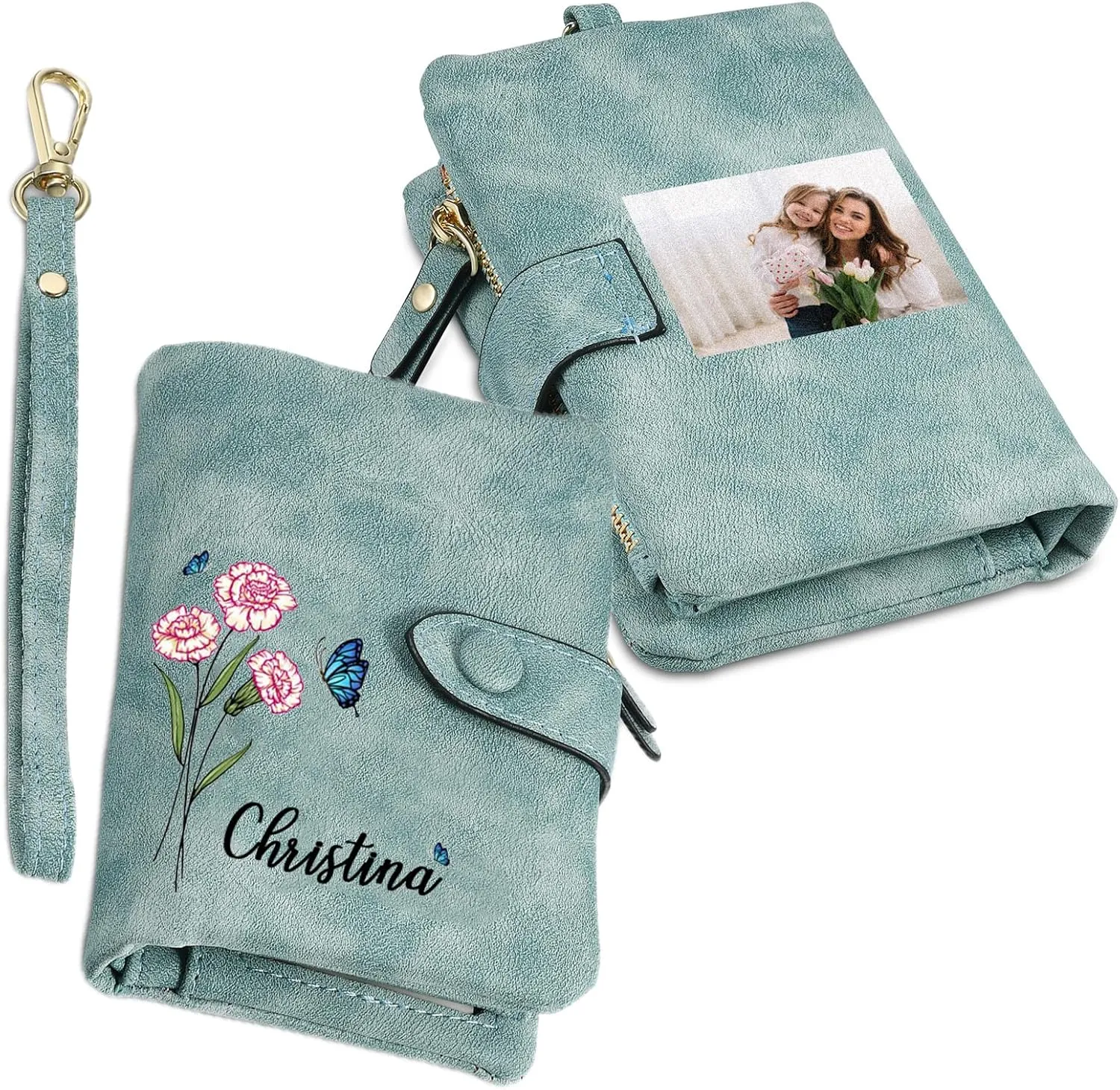Personalized Wallet Women Small with Birth Flower and Name: Custom Bi-fold Women's Wallets - Ladies Minimalist Wallet for Women Teen Girls Gift (Cyan, Birth Flower Name Photo)