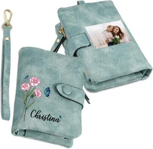 Personalized Wallet Women Small with Birth Flower and Name: Custom Bi-fold Women's Wallets - Ladies Minimalist Wallet for Women Teen Girls Gift (Cyan, Birth Flower Name Photo)