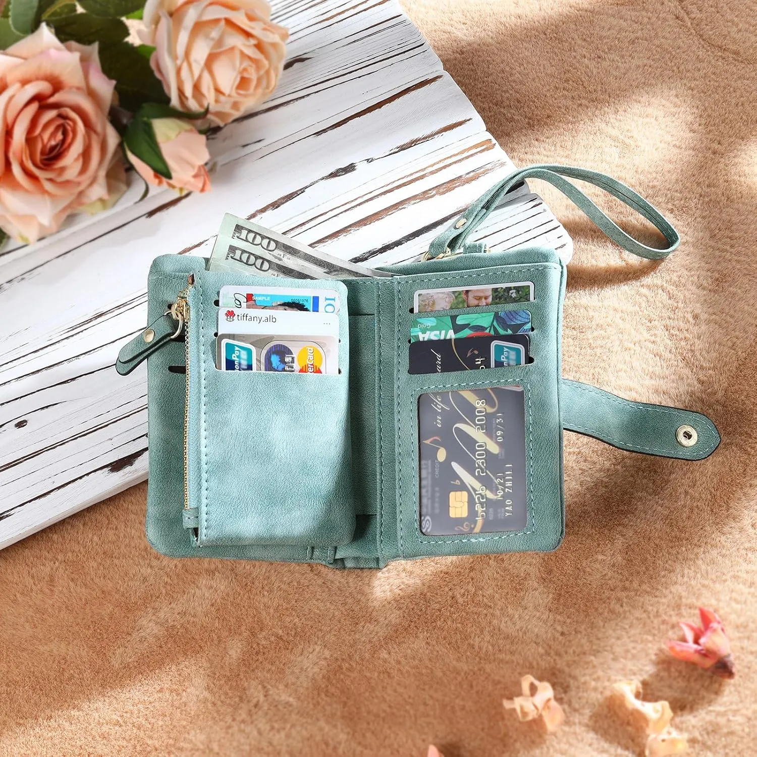 Personalized Wallet Women Small with Birth Flower and Name: Custom Bi-fold Women's Wallets - Ladies Minimalist Wallet for Women Teen Girls Gift (Cyan, Birth Flower Name Photo)