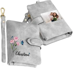 Personalized Wallet Women Small with Birth Flower and Name: Custom Bi-fold Women's Wallets - Ladies Minimalist Wallet for Women Teen Girls Gift (Gray, Birth Flower Name Photo)