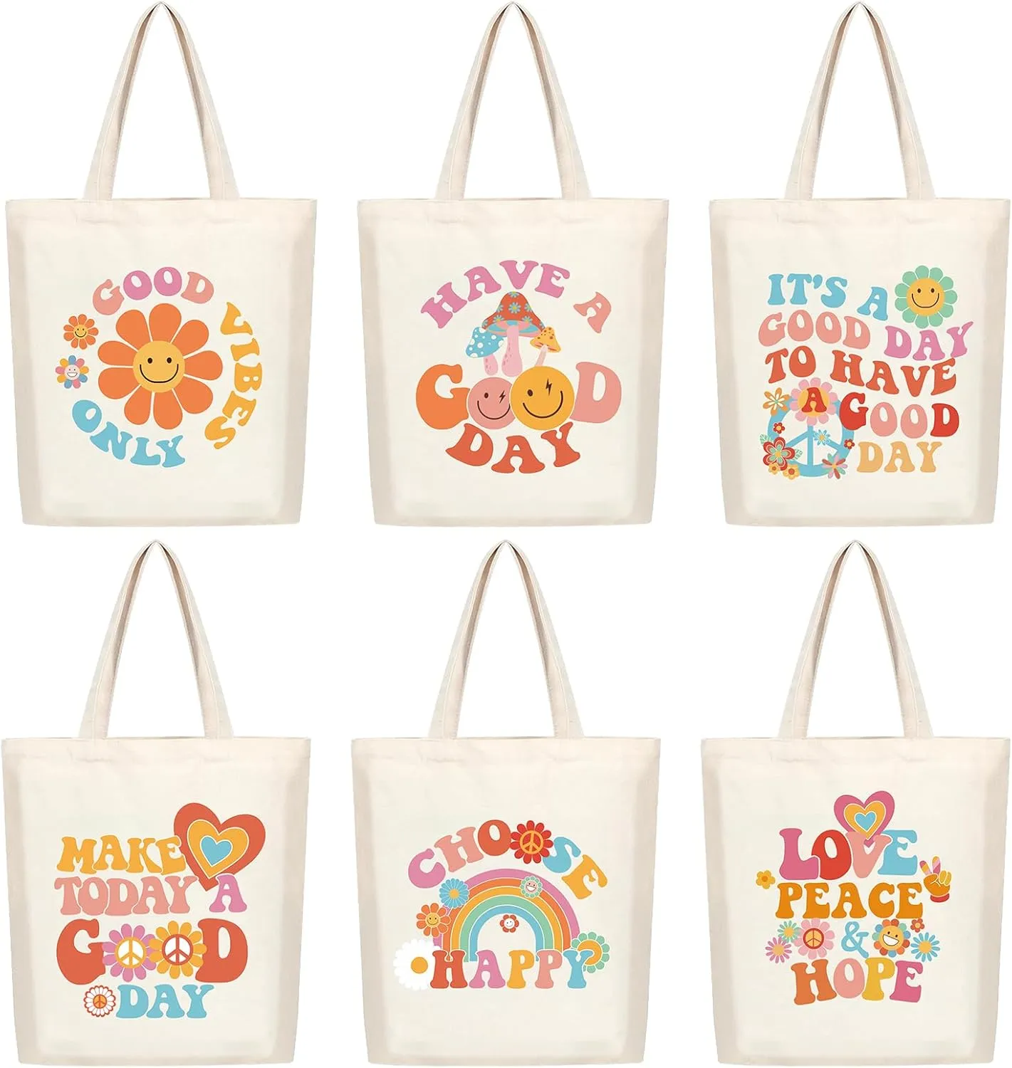Photect 6 Pcs Aesthetic Canvas Tote Bag for Women Grocery Reusable Shopping Bags Cute Preppy Shoulder Bag for Women Teacher Gifts