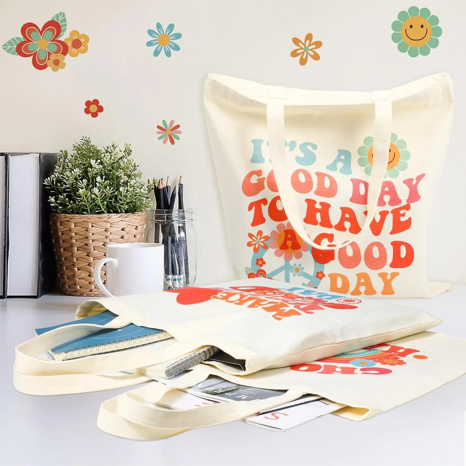 Photect 6 Pcs Aesthetic Canvas Tote Bag for Women Grocery Reusable Shopping Bags Cute Preppy Shoulder Bag for Women Teacher Gifts