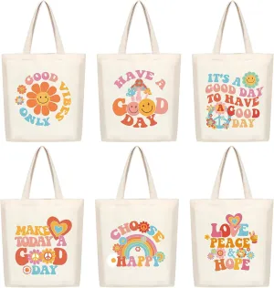 Photect 6 Pcs Aesthetic Canvas Tote Bag for Women Grocery Reusable Shopping Bags Cute Preppy Shoulder Bag for Women Teacher Gifts