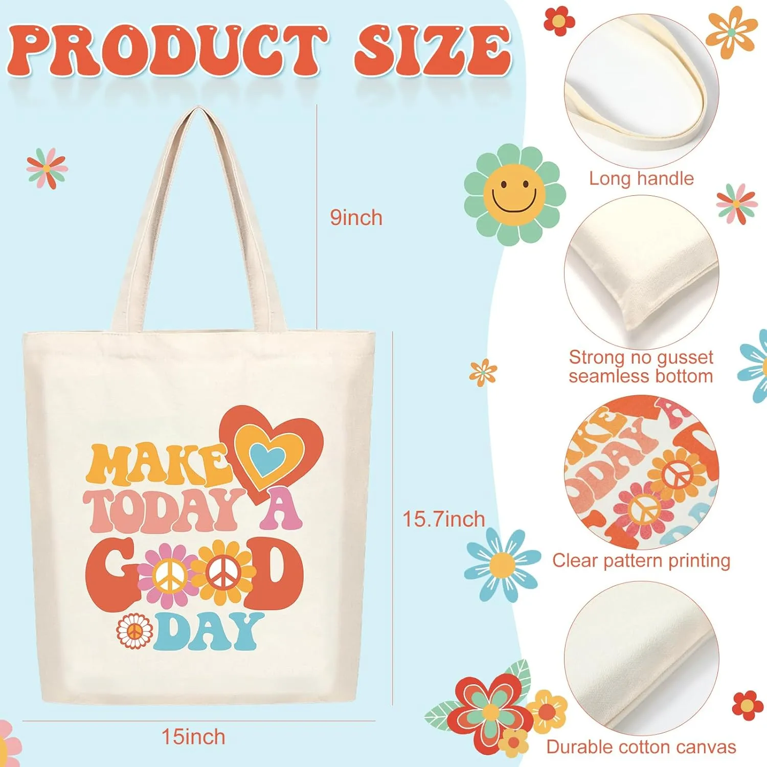 Photect 6 Pcs Aesthetic Canvas Tote Bag for Women Grocery Reusable Shopping Bags Cute Preppy Shoulder Bag for Women Teacher Gifts