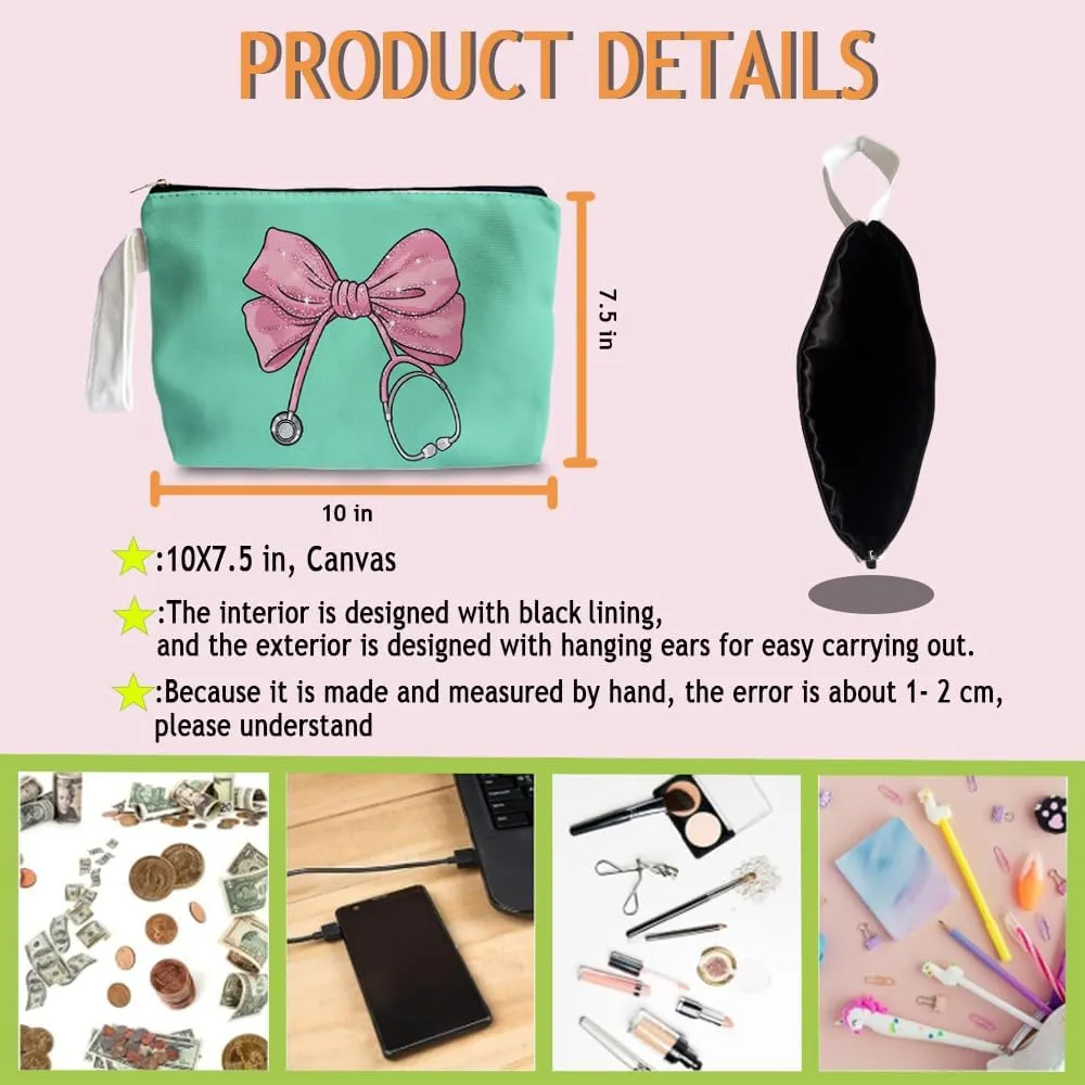 Pink Coquette Bow Stethoscope Nurse Makeup Bag - trendy Nurse Themed Gifts for Girls Mom Women, Cosmetic Travel Bags for Women, Nursing Student Gifts