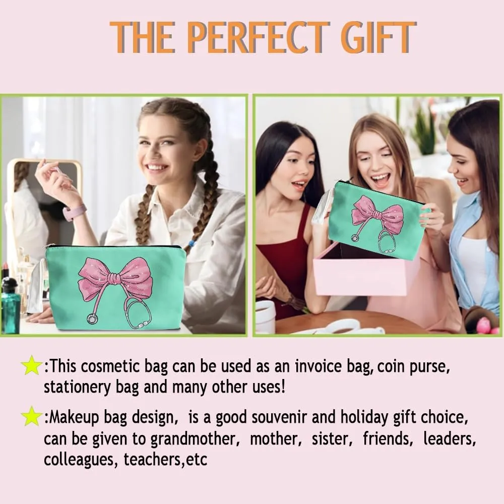 Pink Coquette Bow Stethoscope Nurse Makeup Bag - trendy Nurse Themed Gifts for Girls Mom Women, Cosmetic Travel Bags for Women, Nursing Student Gifts
