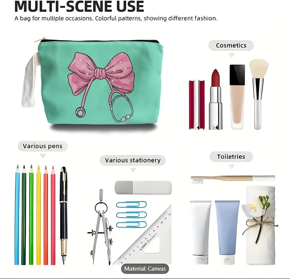 Pink Coquette Bow Stethoscope Nurse Makeup Bag - trendy Nurse Themed Gifts for Girls Mom Women, Cosmetic Travel Bags for Women, Nursing Student Gifts