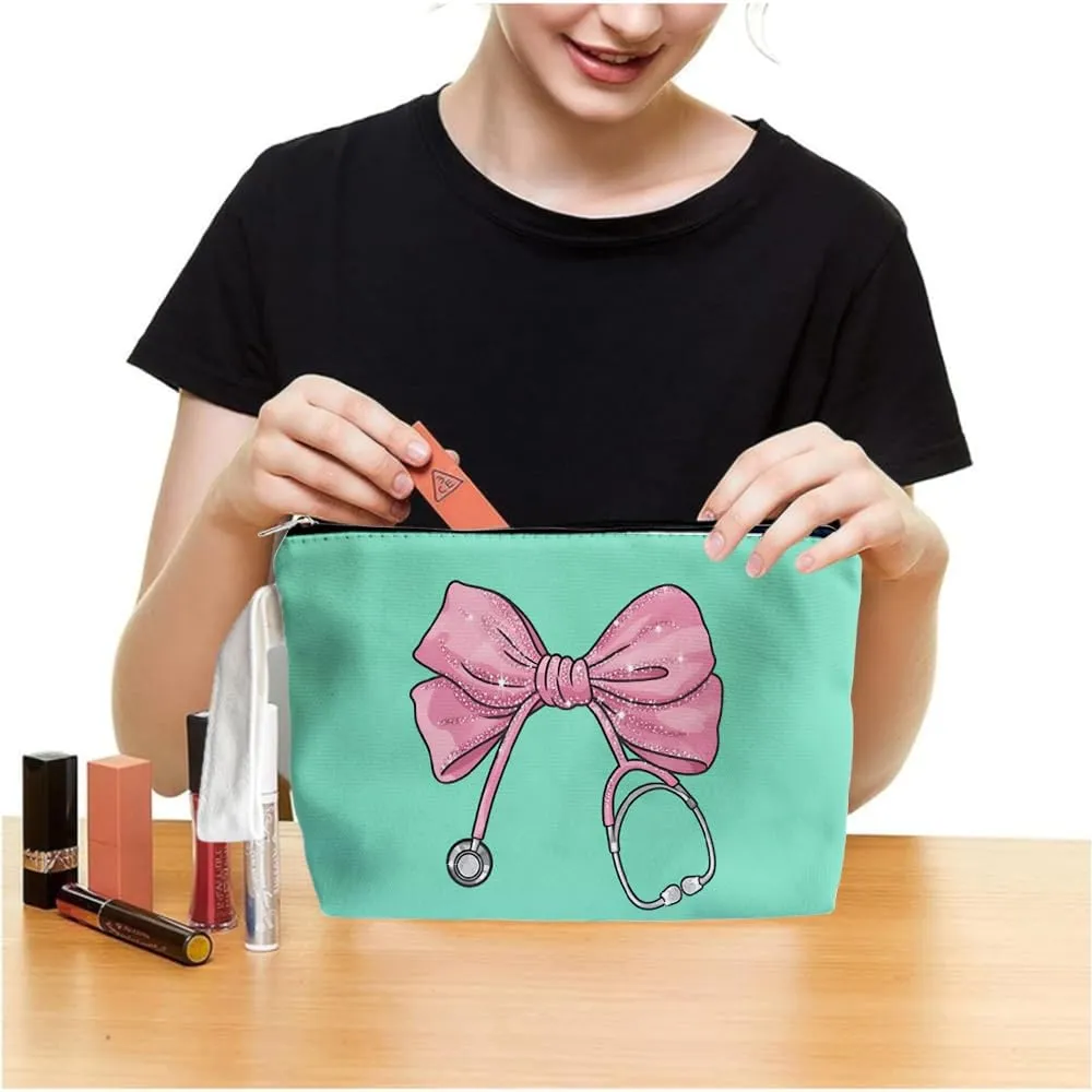 Pink Coquette Bow Stethoscope Nurse Makeup Bag - trendy Nurse Themed Gifts for Girls Mom Women, Cosmetic Travel Bags for Women, Nursing Student Gifts