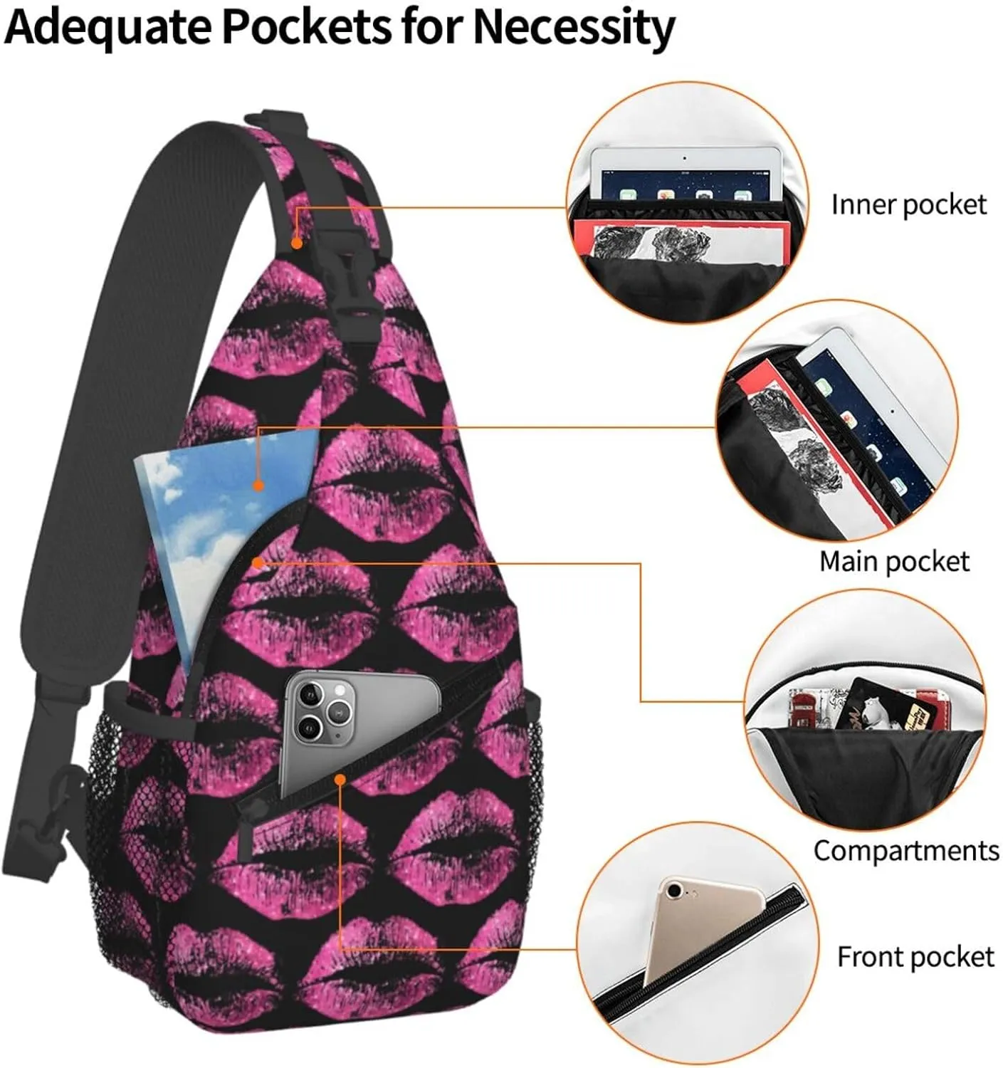 Pink Lips Print Kiss Crossbody Bag Cross Chest Bag Adjustable Sling Backpack Sports Gym Shoulder Bags Travel Cycling Daypack Diagonally Casual Rucksack