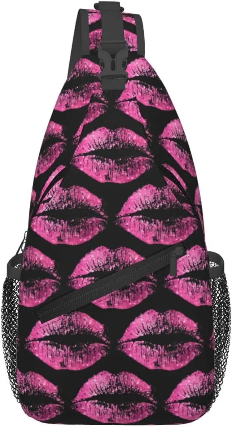 Pink Lips Print Kiss Crossbody Bag Cross Chest Bag Adjustable Sling Backpack Sports Gym Shoulder Bags Travel Cycling Daypack Diagonally Casual Rucksack