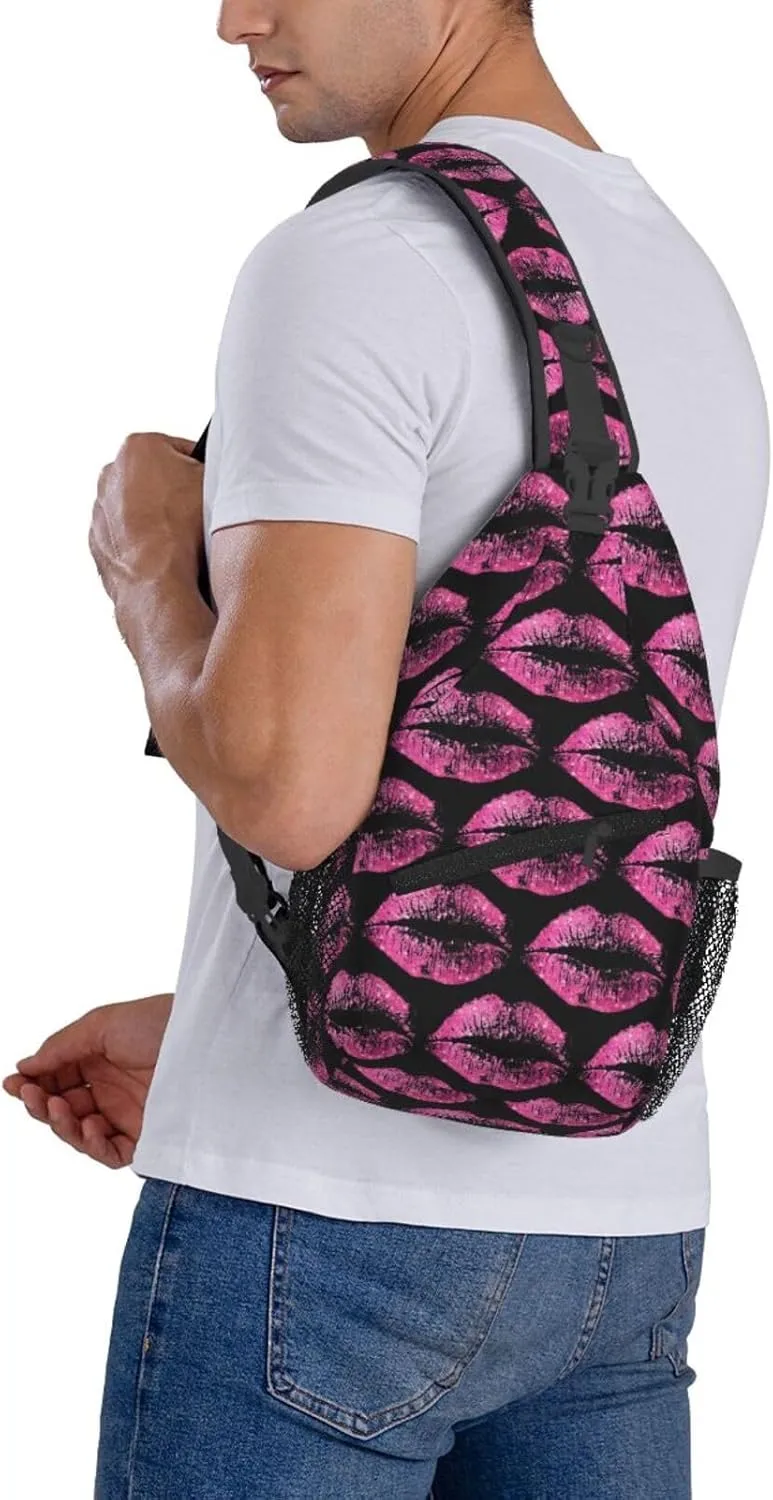 Pink Lips Print Kiss Crossbody Bag Cross Chest Bag Adjustable Sling Backpack Sports Gym Shoulder Bags Travel Cycling Daypack Diagonally Casual Rucksack