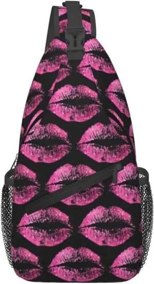 Pink Lips Print Kiss Crossbody Bag Cross Chest Bag Adjustable Sling Backpack Sports Gym Shoulder Bags Travel Cycling Daypack Diagonally Casual Rucksack