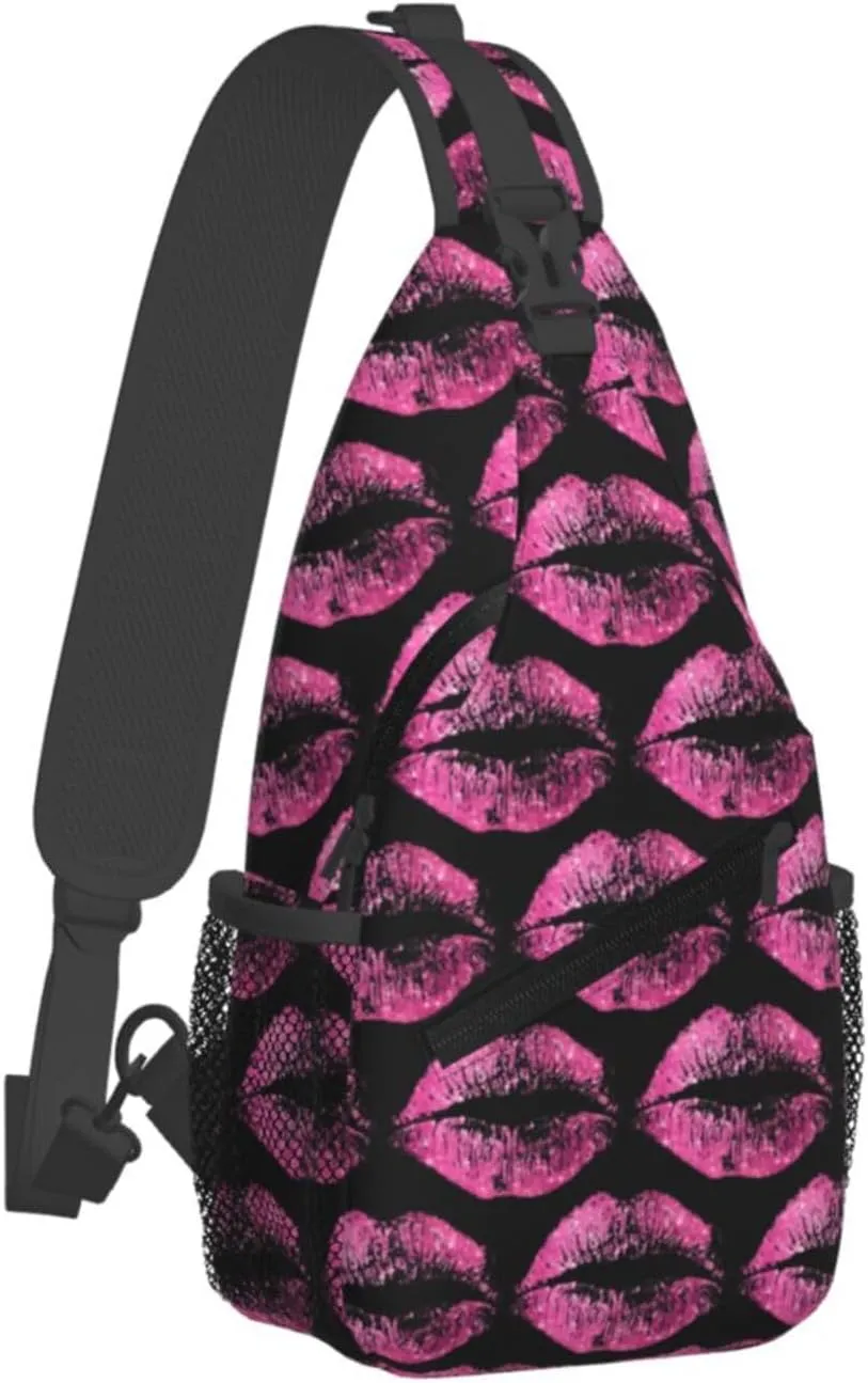 Pink Lips Print Kiss Crossbody Bag Cross Chest Bag Adjustable Sling Backpack Sports Gym Shoulder Bags Travel Cycling Daypack Diagonally Casual Rucksack