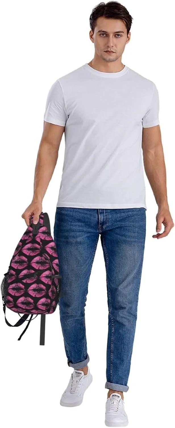 Pink Lips Print Kiss Crossbody Bag Cross Chest Bag Adjustable Sling Backpack Sports Gym Shoulder Bags Travel Cycling Daypack Diagonally Casual Rucksack