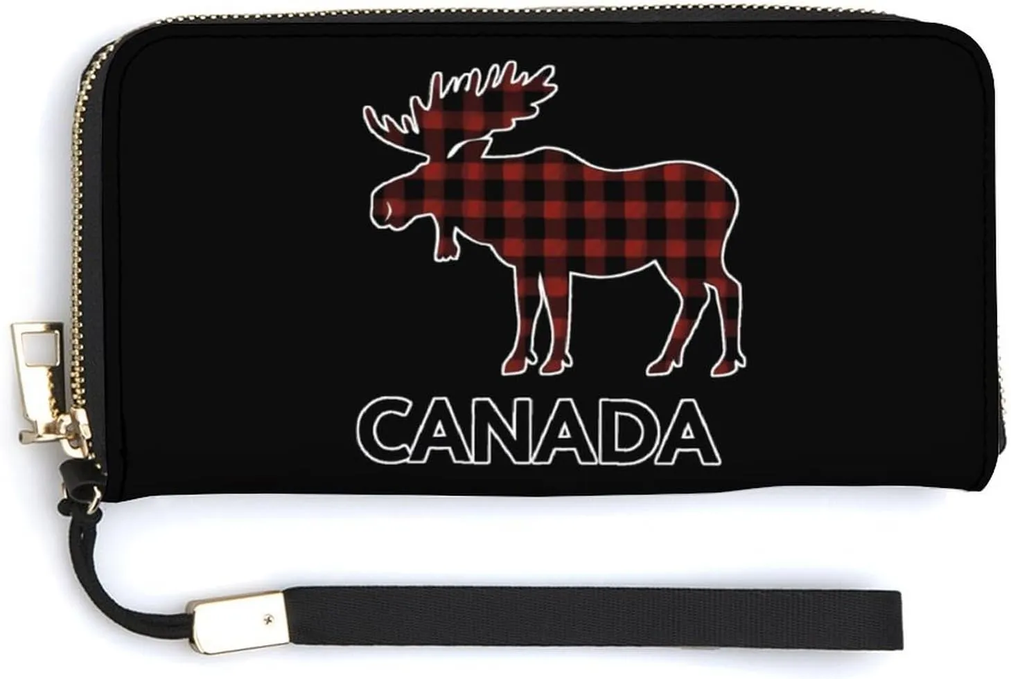 Plaid Moose Animal Silhouette Canada Long Wallet Leather Clutch Purse Handbag with Zip for Men Women